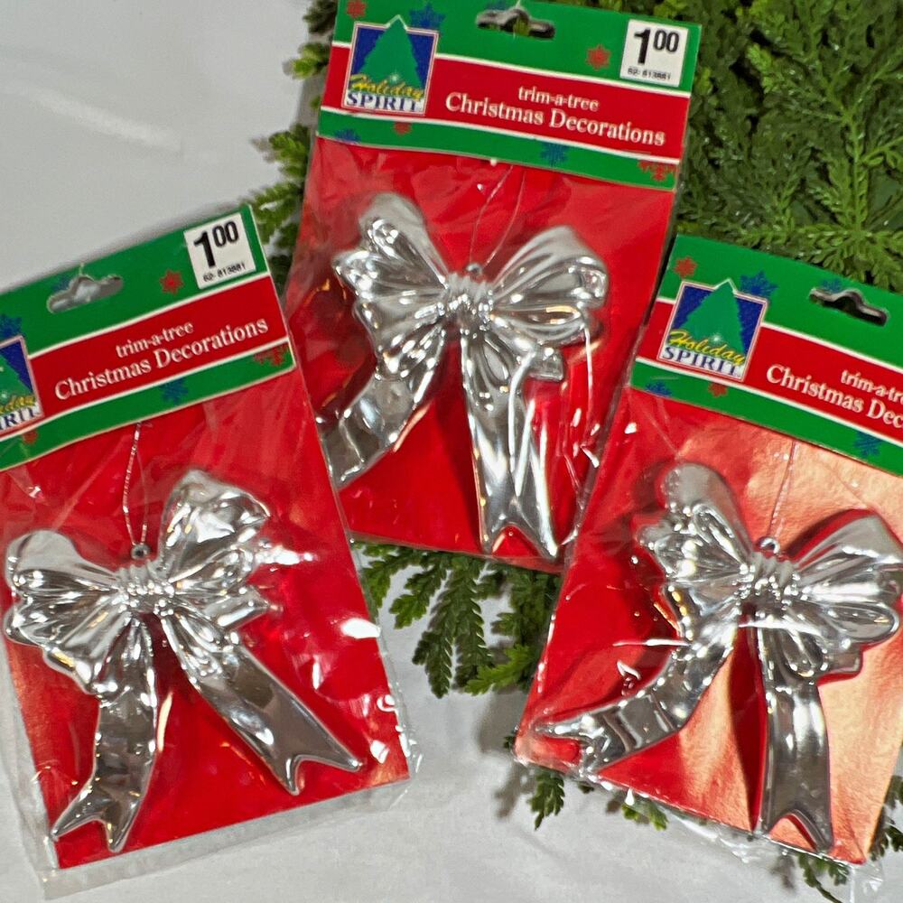 Vintage 1994 Holiday Spirit Set of 3 Silver Bows Hanging Ornaments Christmas 4”